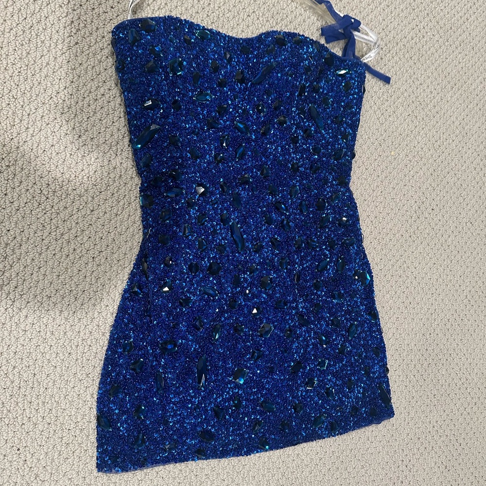 Blue Sequin Strapless Dress